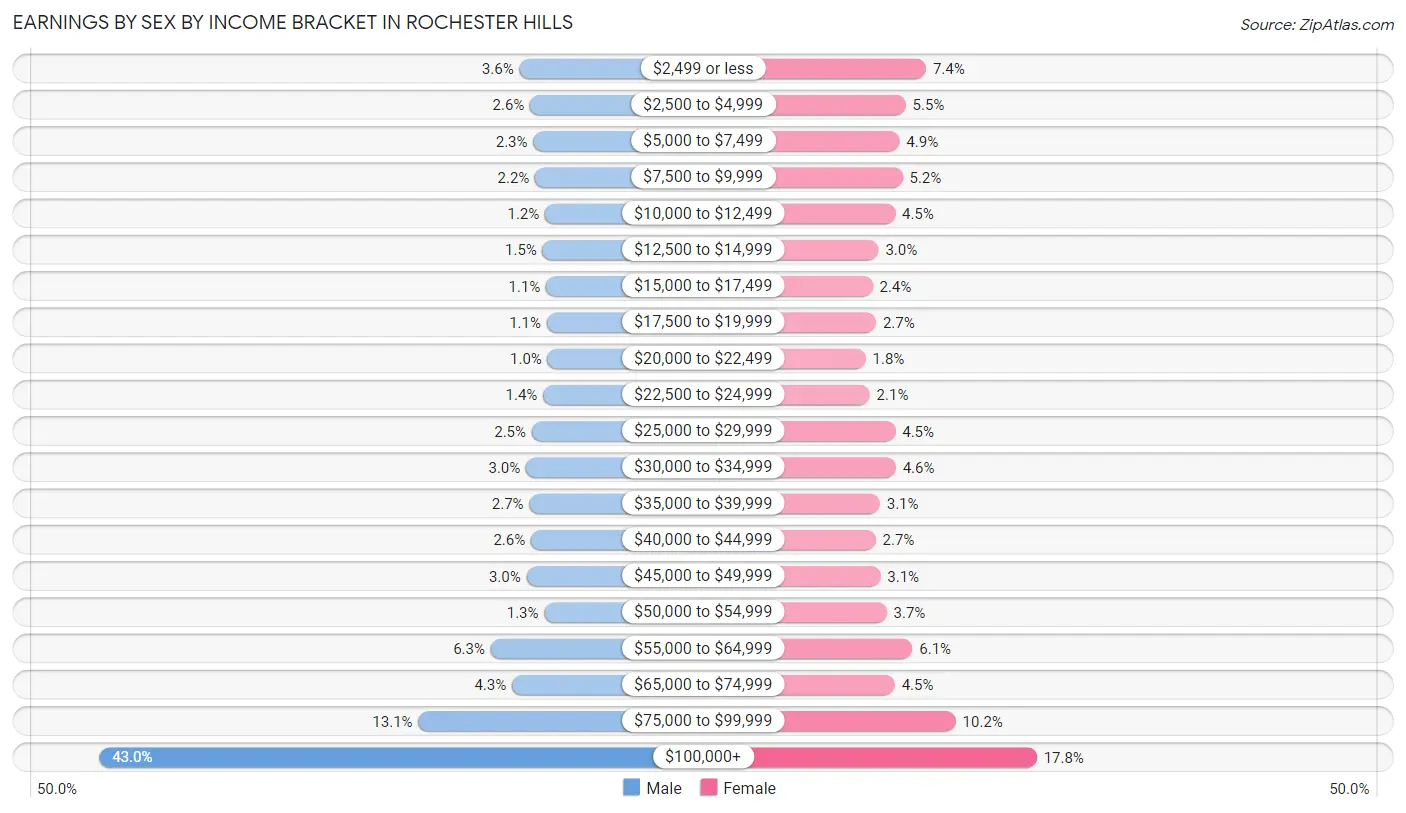 Earnings by Sex by Income Bracket in Rochester Hills