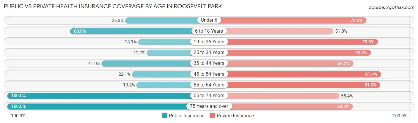 Public vs Private Health Insurance Coverage by Age in Roosevelt Park