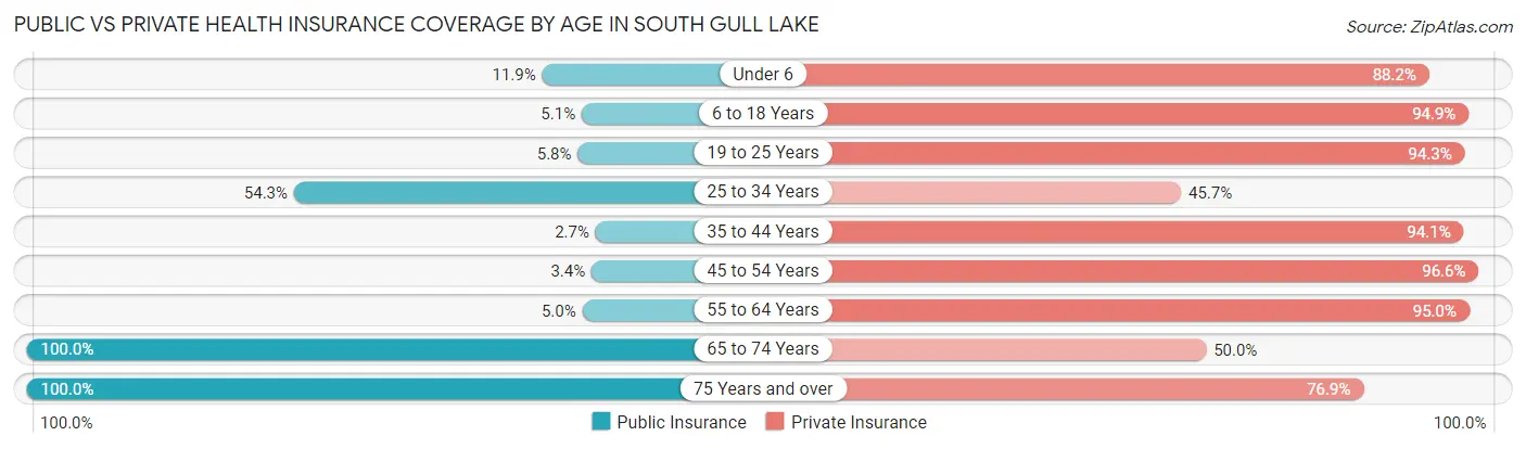 Public vs Private Health Insurance Coverage by Age in South Gull Lake