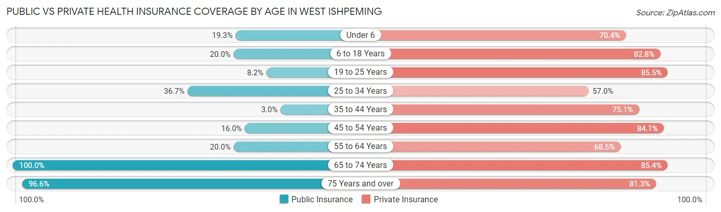 Public vs Private Health Insurance Coverage by Age in West Ishpeming