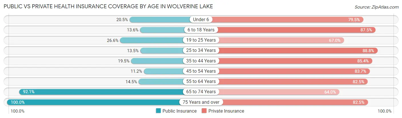 Public vs Private Health Insurance Coverage by Age in Wolverine Lake