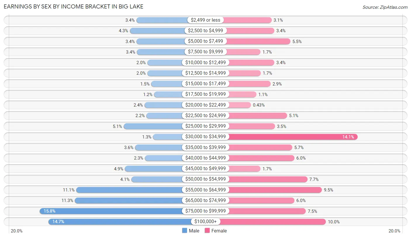 Earnings by Sex by Income Bracket in Big Lake