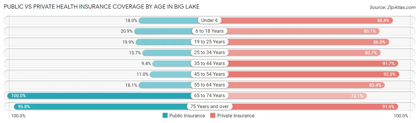 Public vs Private Health Insurance Coverage by Age in Big Lake