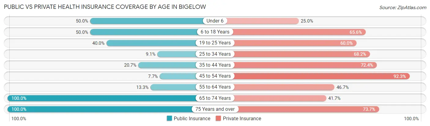 Public vs Private Health Insurance Coverage by Age in Bigelow