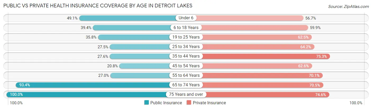 Public vs Private Health Insurance Coverage by Age in Detroit Lakes