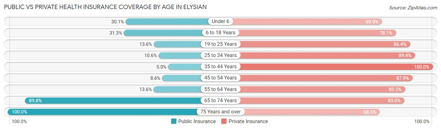 Public vs Private Health Insurance Coverage by Age in Elysian