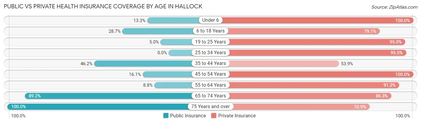 Public vs Private Health Insurance Coverage by Age in Hallock