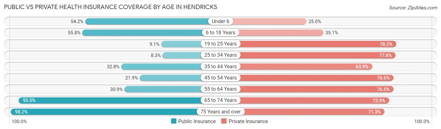 Public vs Private Health Insurance Coverage by Age in Hendricks