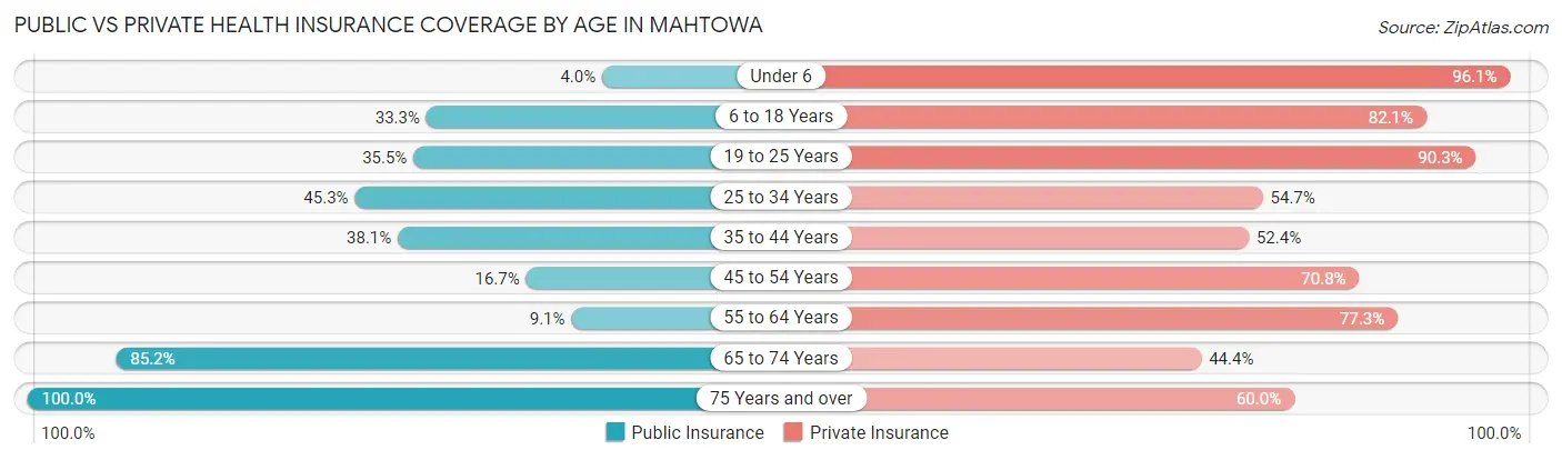 Public vs Private Health Insurance Coverage by Age in Mahtowa