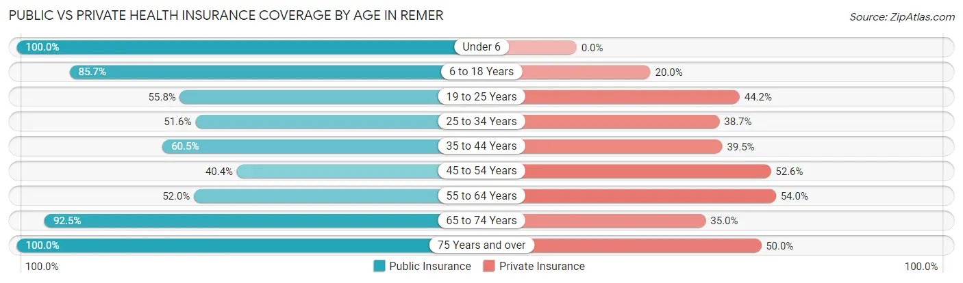 Public vs Private Health Insurance Coverage by Age in Remer