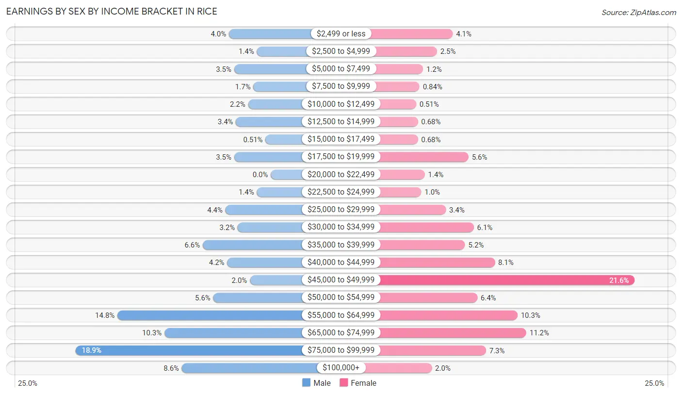 Earnings by Sex by Income Bracket in Rice