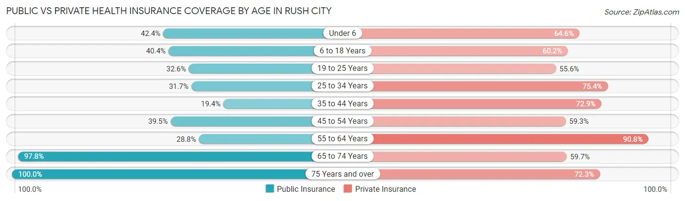Public vs Private Health Insurance Coverage by Age in Rush City