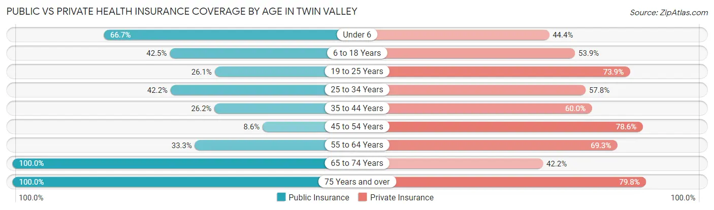 Public vs Private Health Insurance Coverage by Age in Twin Valley