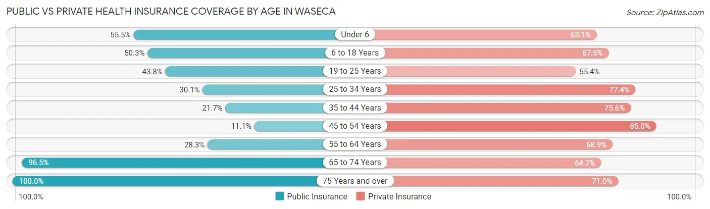 Public vs Private Health Insurance Coverage by Age in Waseca