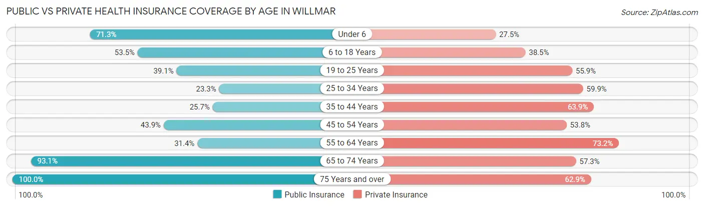 Public vs Private Health Insurance Coverage by Age in Willmar