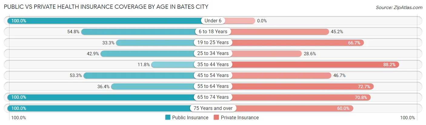 Public vs Private Health Insurance Coverage by Age in Bates City