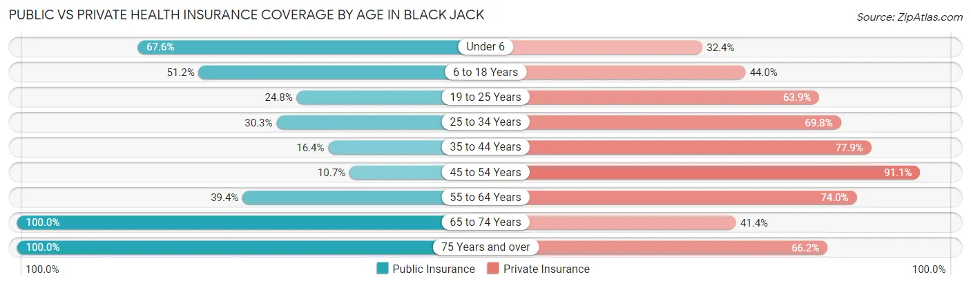 Public vs Private Health Insurance Coverage by Age in Black Jack