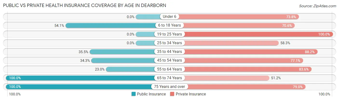 Public vs Private Health Insurance Coverage by Age in Dearborn