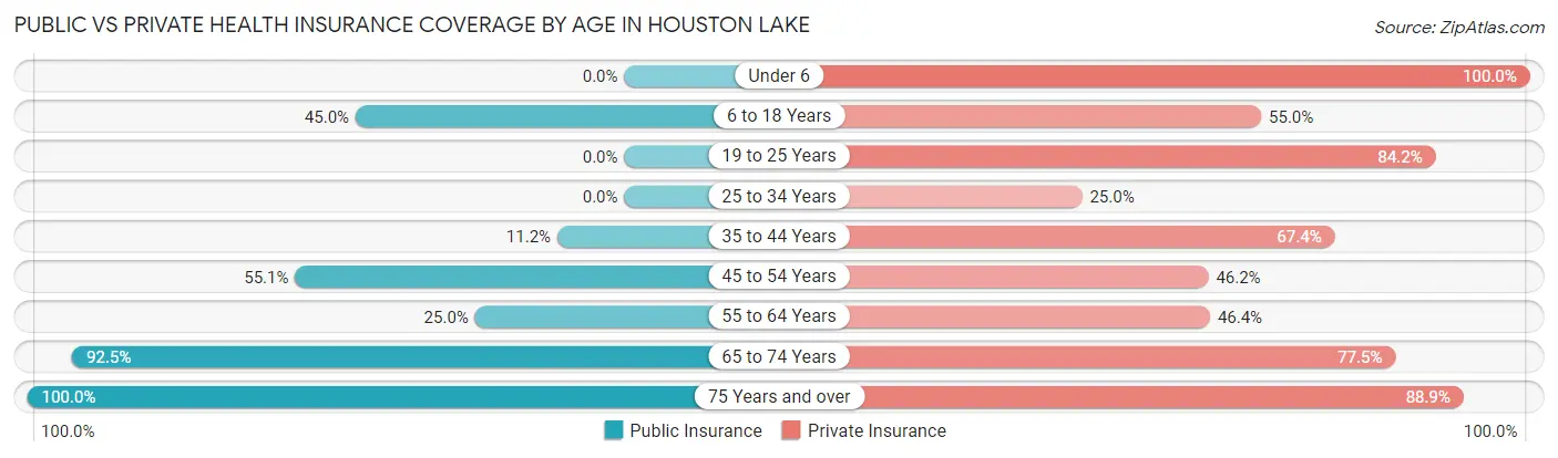 Public vs Private Health Insurance Coverage by Age in Houston Lake