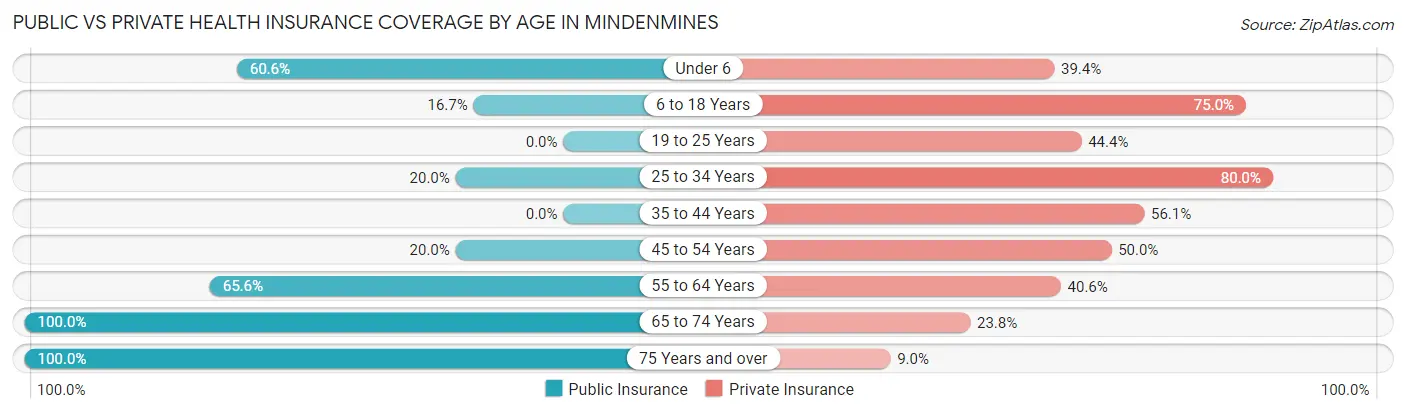 Public vs Private Health Insurance Coverage by Age in Mindenmines