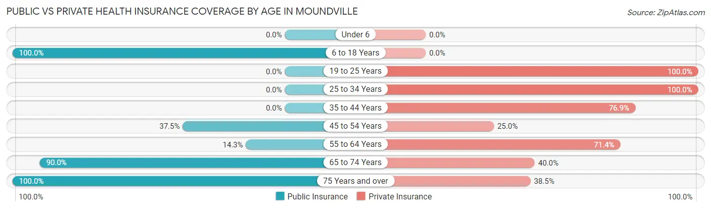 Public vs Private Health Insurance Coverage by Age in Moundville