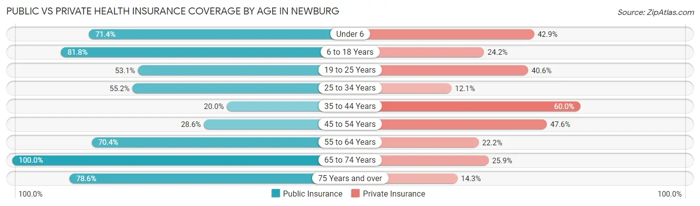Public vs Private Health Insurance Coverage by Age in Newburg