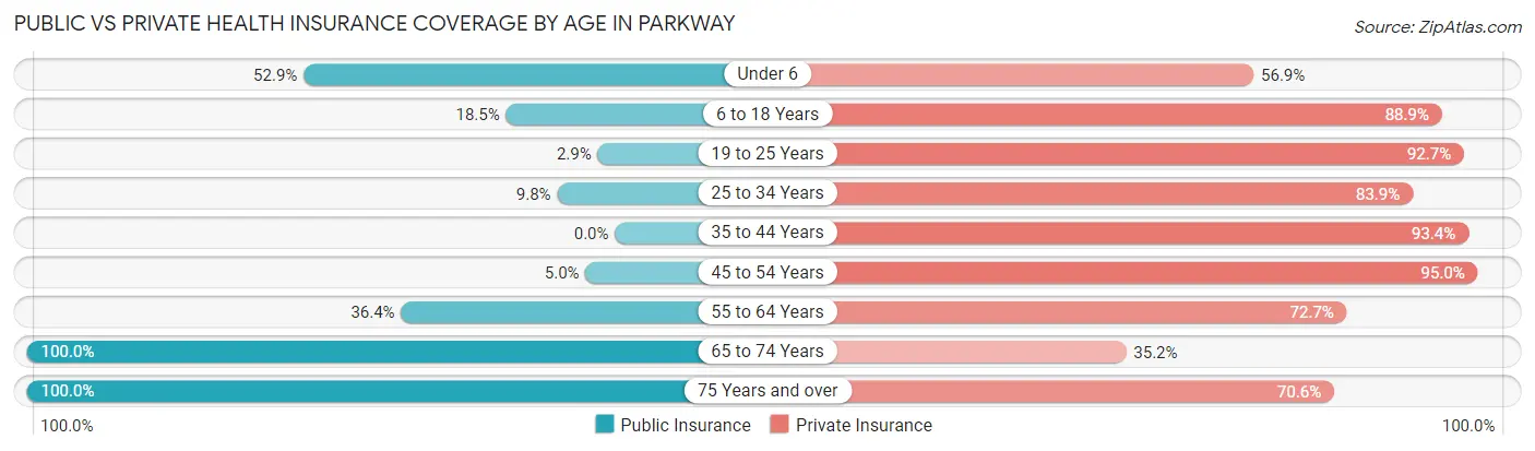 Public vs Private Health Insurance Coverage by Age in Parkway