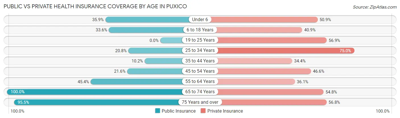 Public vs Private Health Insurance Coverage by Age in Puxico