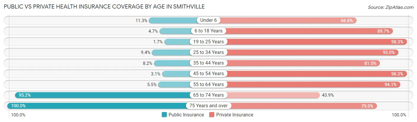 Public vs Private Health Insurance Coverage by Age in Smithville