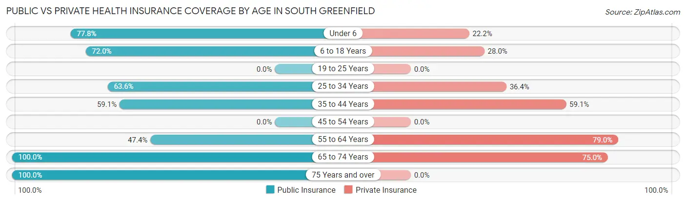 Public vs Private Health Insurance Coverage by Age in South Greenfield