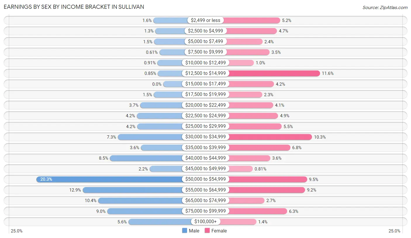 Earnings by Sex by Income Bracket in Sullivan