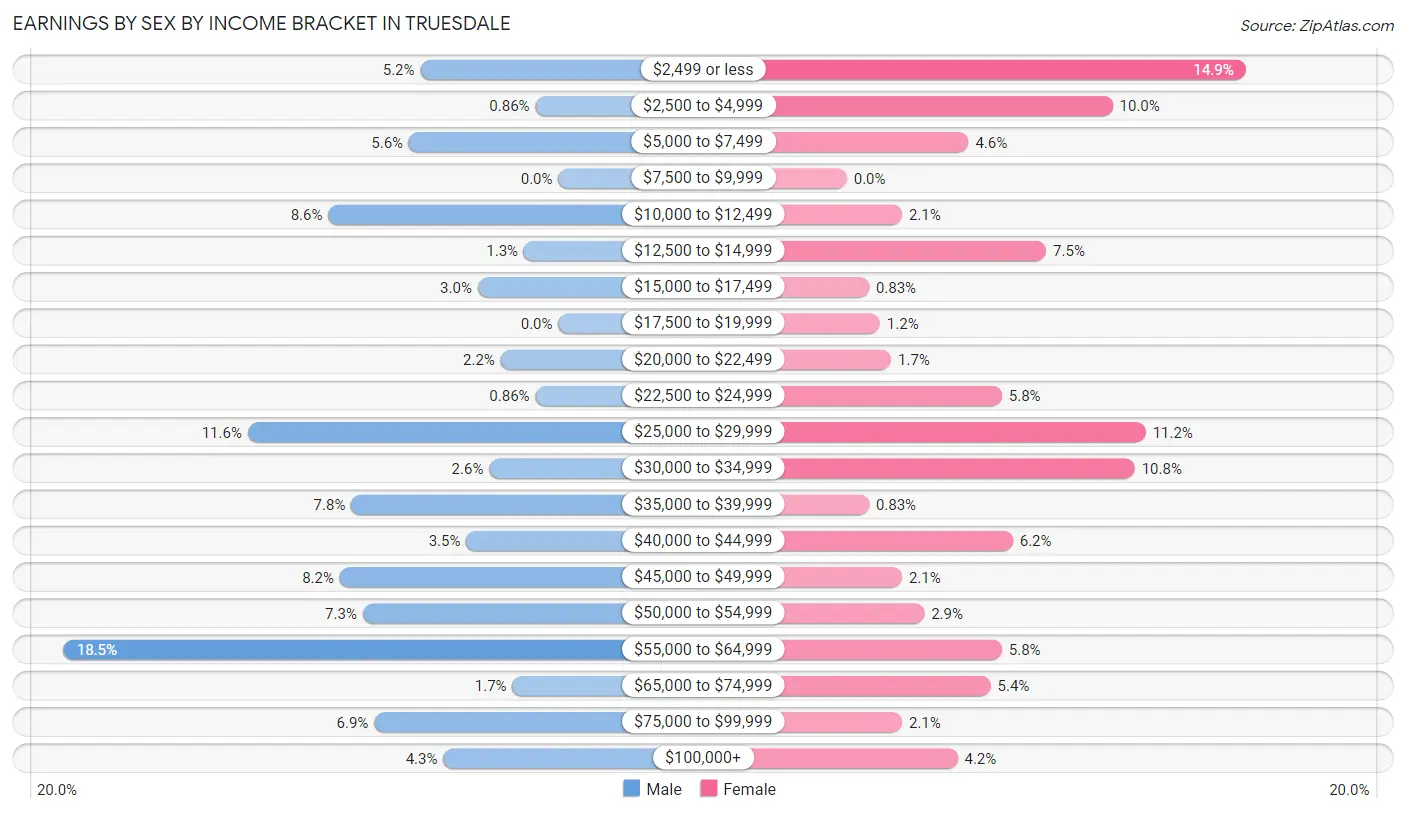 Earnings by Sex by Income Bracket in Truesdale