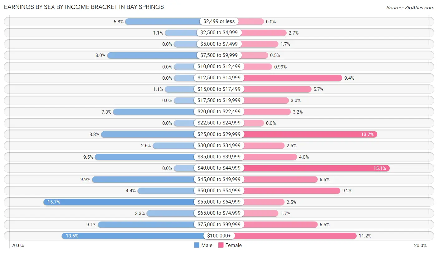 Earnings by Sex by Income Bracket in Bay Springs