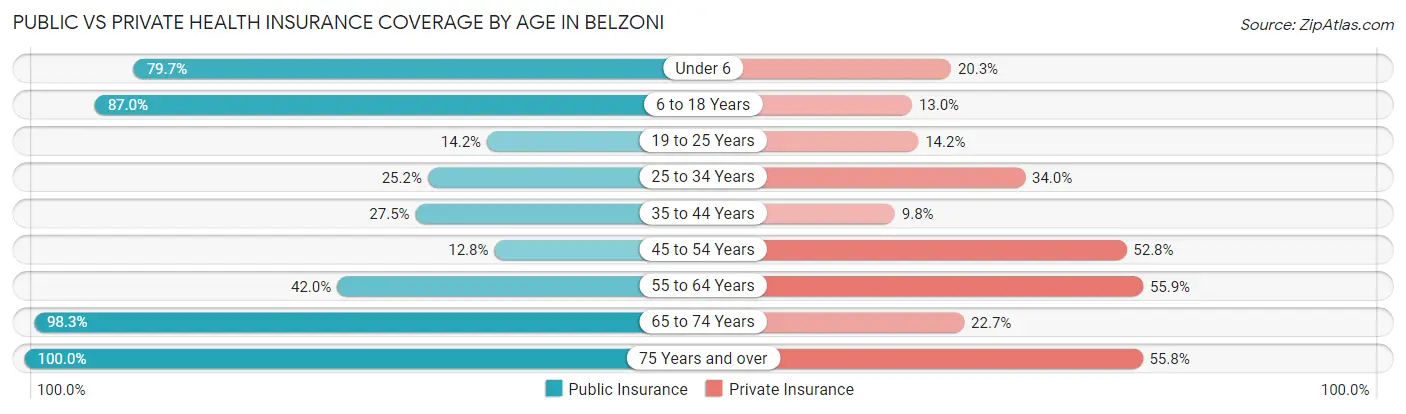 Public vs Private Health Insurance Coverage by Age in Belzoni