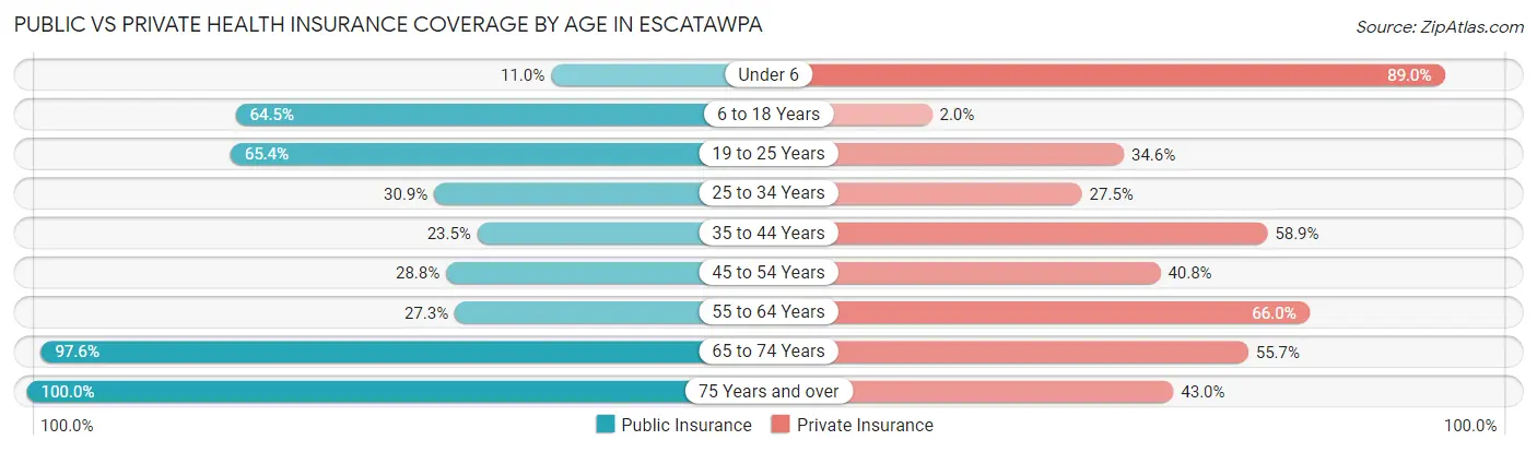 Public vs Private Health Insurance Coverage by Age in Escatawpa