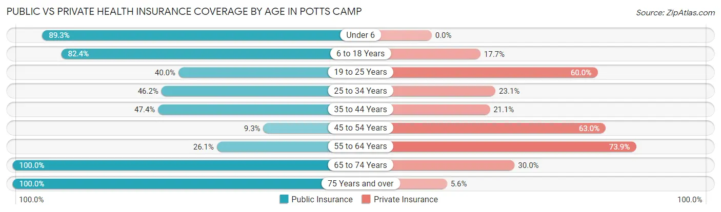 Public vs Private Health Insurance Coverage by Age in Potts Camp