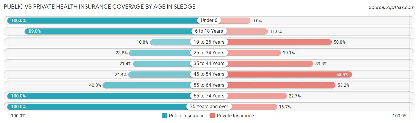 Public vs Private Health Insurance Coverage by Age in Sledge