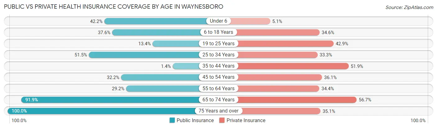 Public vs Private Health Insurance Coverage by Age in Waynesboro