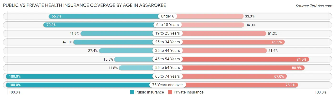 Public vs Private Health Insurance Coverage by Age in Absarokee