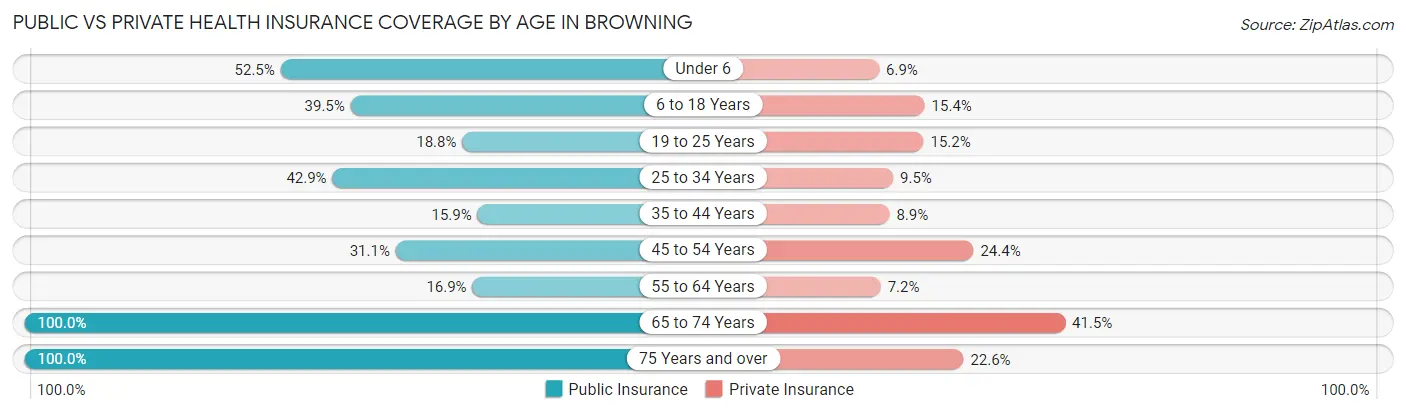 Public vs Private Health Insurance Coverage by Age in Browning