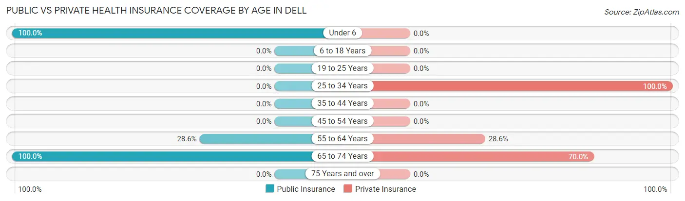 Public vs Private Health Insurance Coverage by Age in Dell