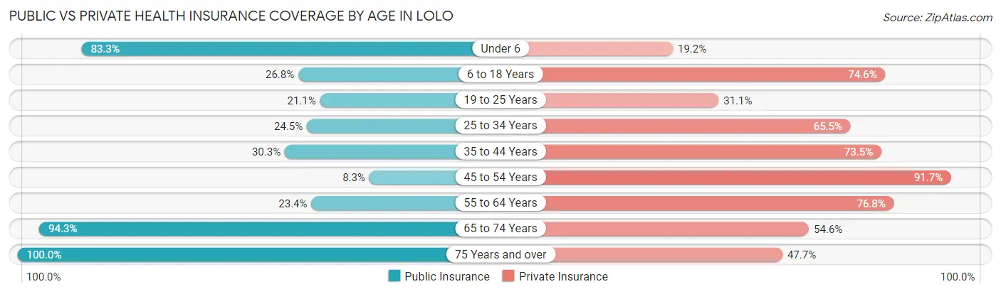 Public vs Private Health Insurance Coverage by Age in Lolo