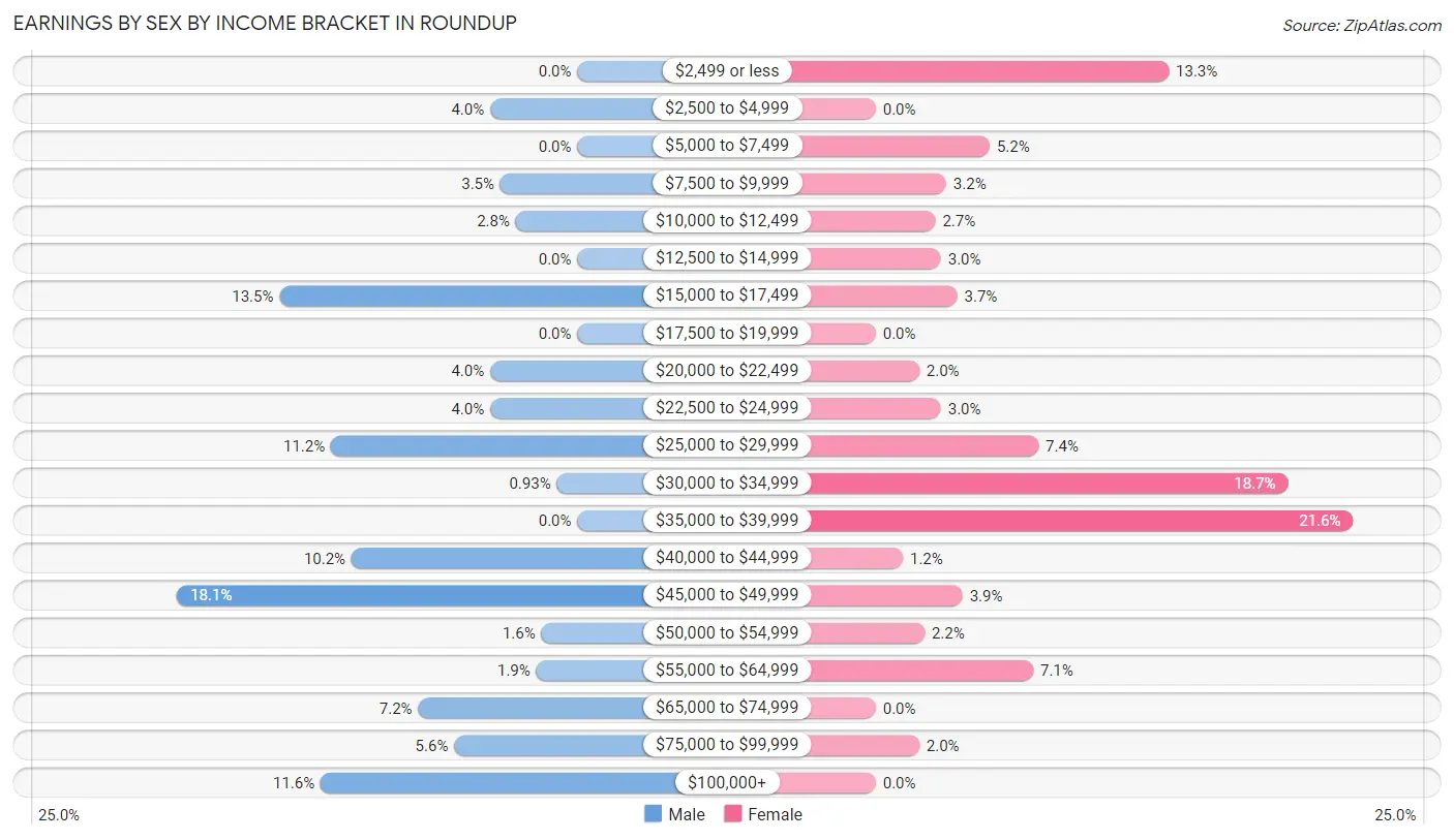 Earnings by Sex by Income Bracket in Roundup