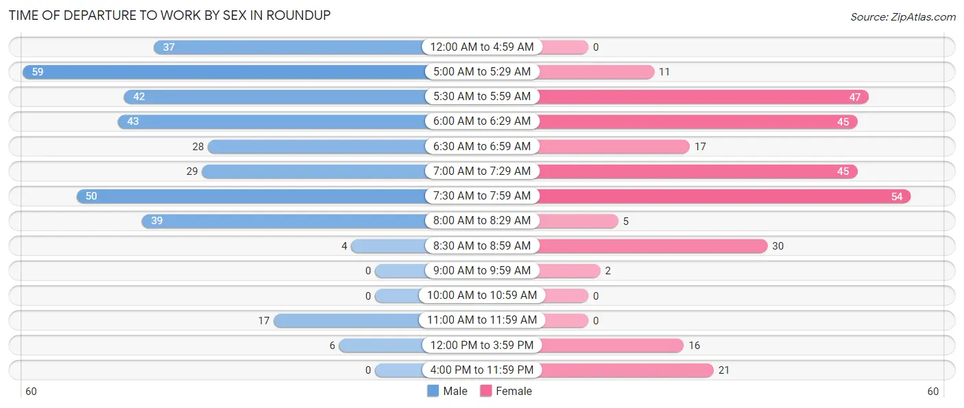 Time of Departure to Work by Sex in Roundup