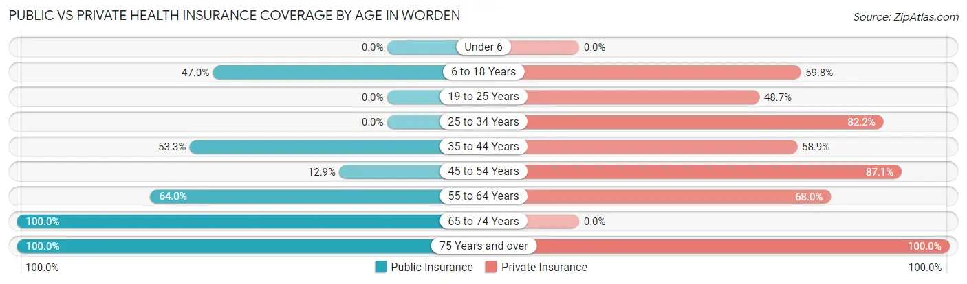 Public vs Private Health Insurance Coverage by Age in Worden