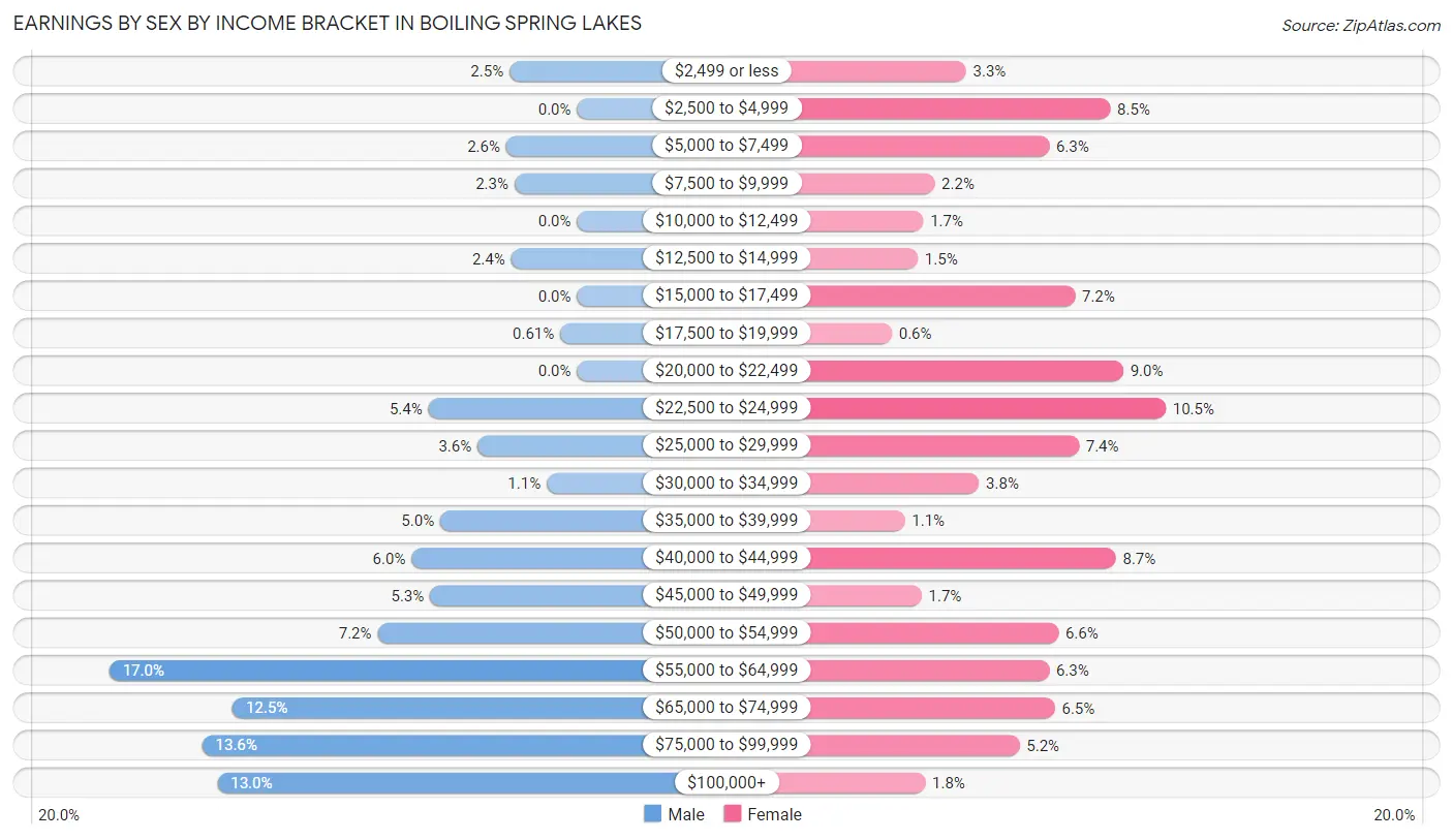 Earnings by Sex by Income Bracket in Boiling Spring Lakes