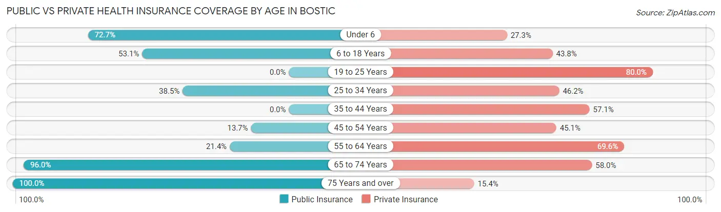 Public vs Private Health Insurance Coverage by Age in Bostic