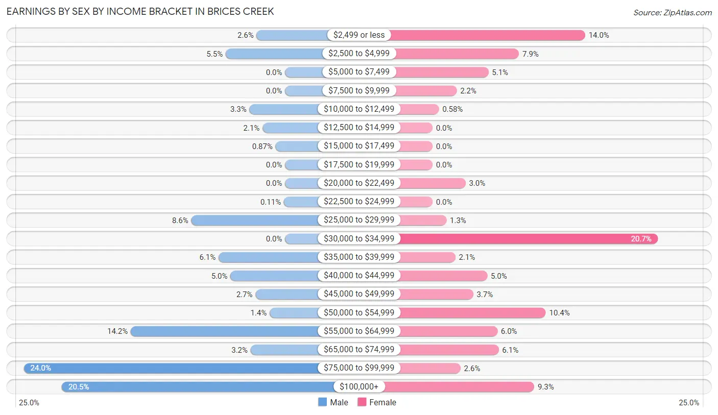 Earnings by Sex by Income Bracket in Brices Creek