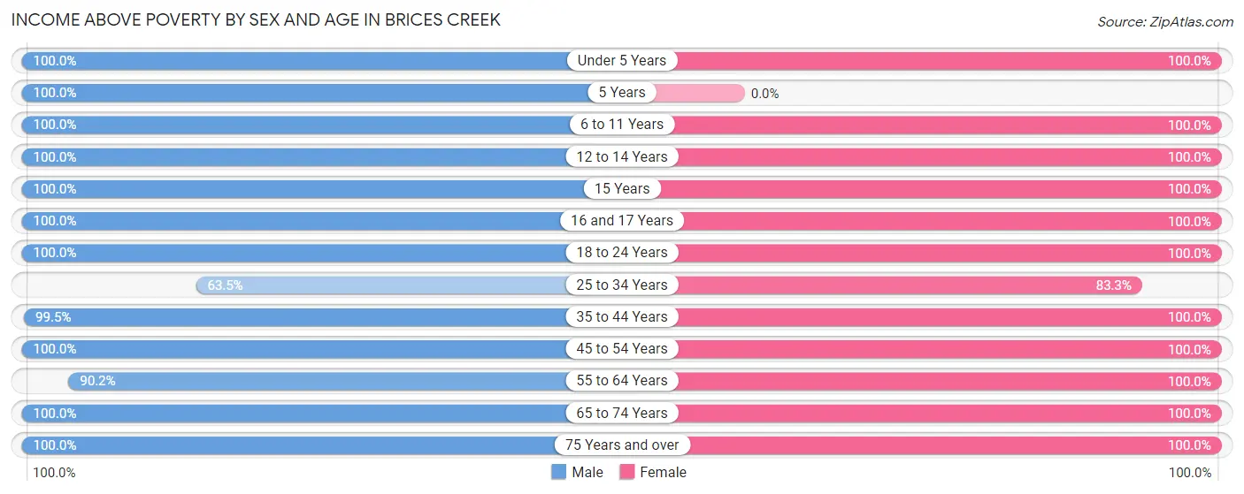 Income Above Poverty by Sex and Age in Brices Creek