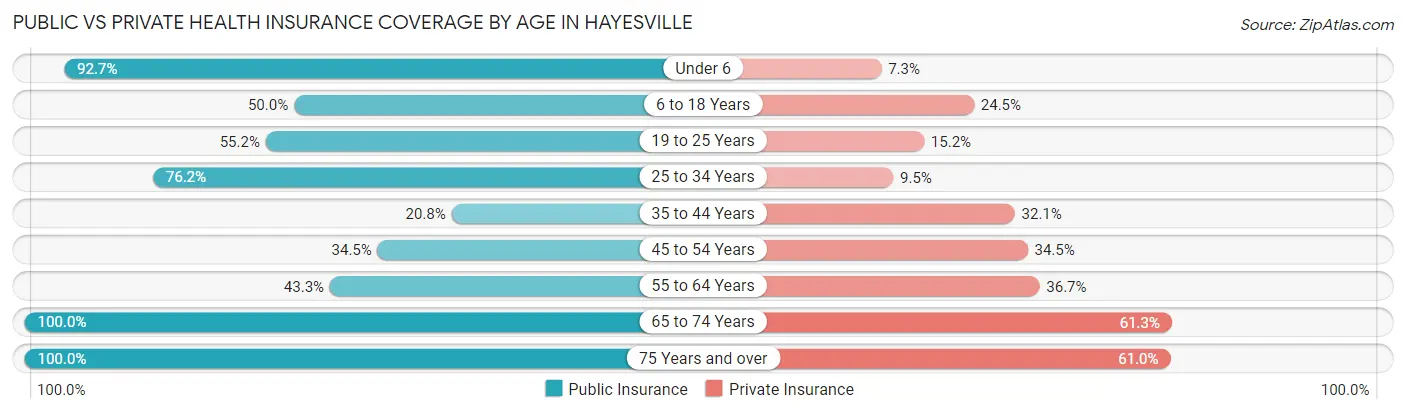 Public vs Private Health Insurance Coverage by Age in Hayesville